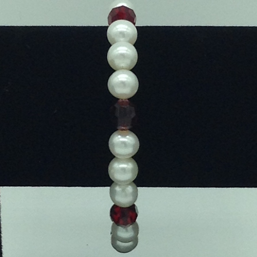 White Round Pearls With Red Crystals 1 Layer Elastic Bracelet JBG0168