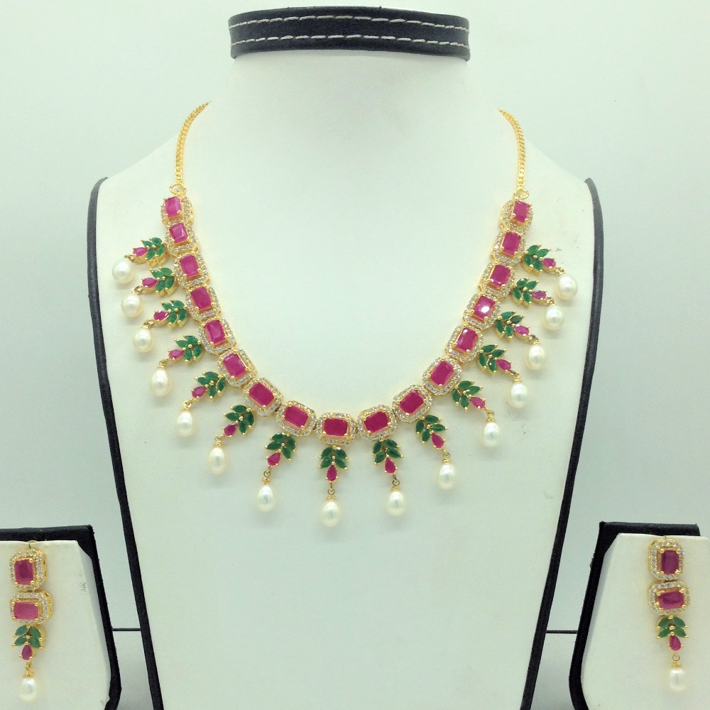 Multicolour cz stones and freshwater drop pearls necklace set jnc0142