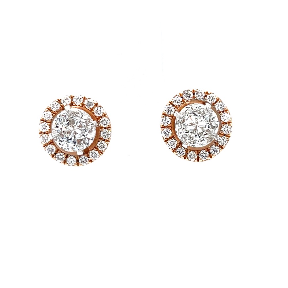 Solitaire studs with halo diamond border in pressure set 0top98