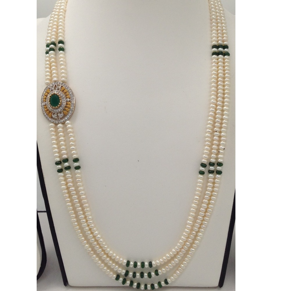 White And Green CZ Brooch Set With 3 Lines Flat Pearls Mala JPS0490