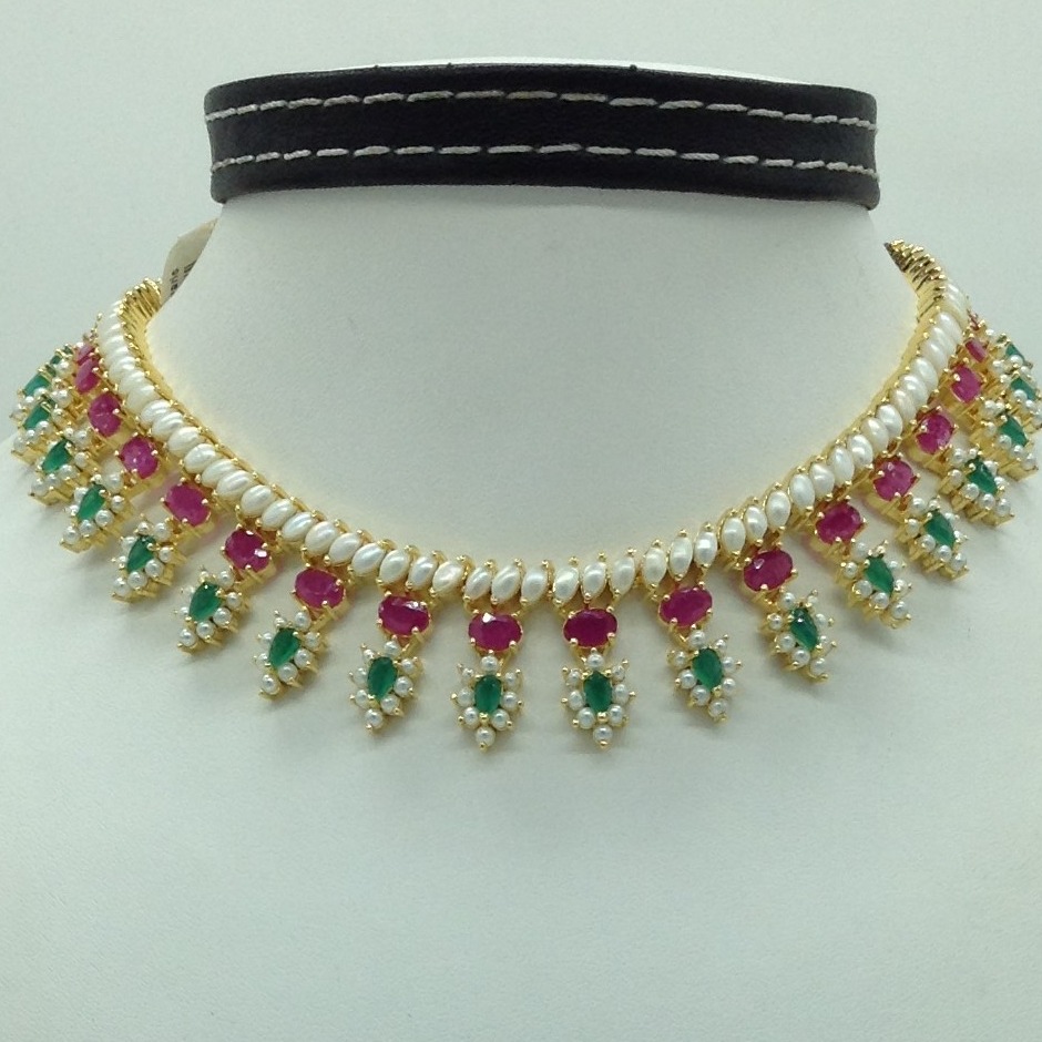 Pearls,red and green cz stones necklace set jnc0126