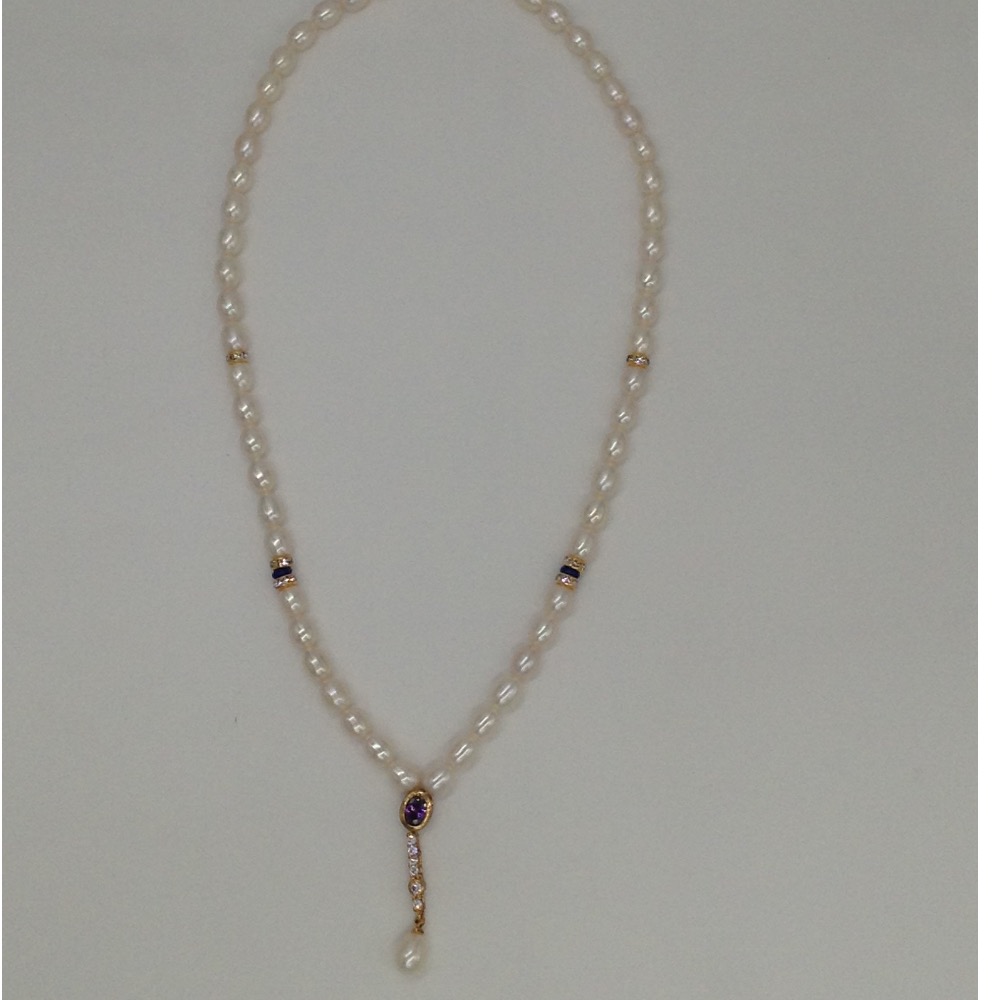 White, purple cz pendent set with flat pearls mala jps0048