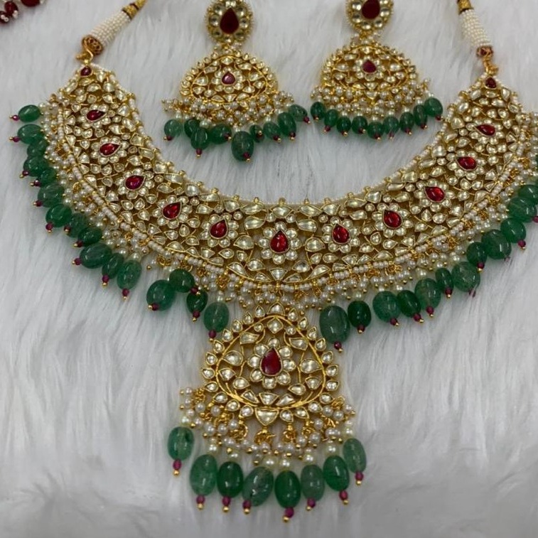 Green and red kundan pearls necklace set
