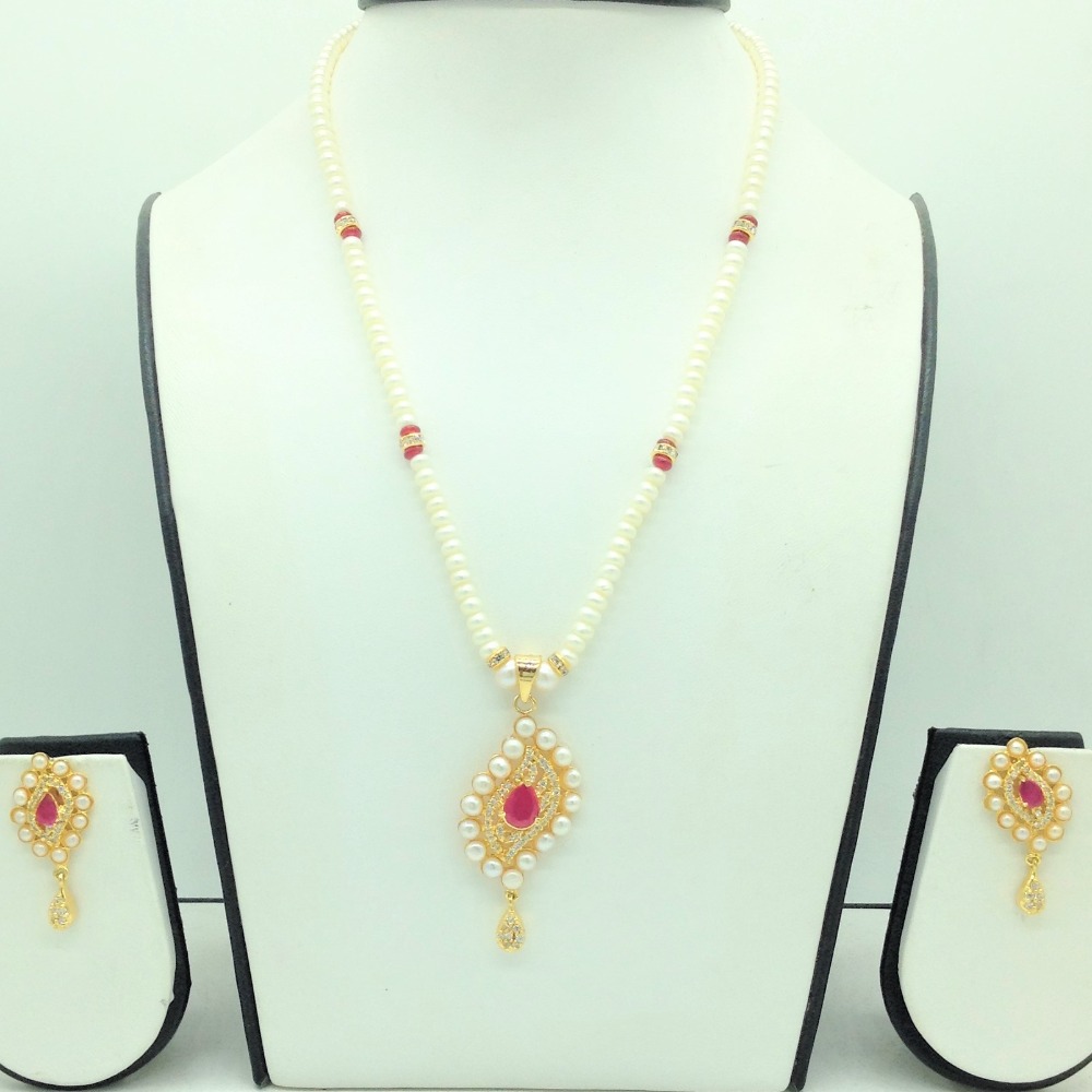 White,red cz pendent set with 1 line flat pearls mala jps0689