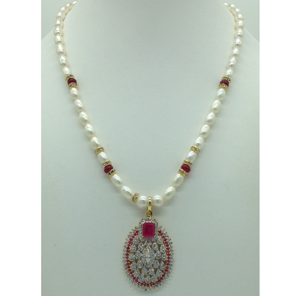 White, red cz pendent set with oval pearls mala jps0556