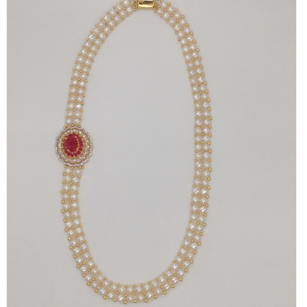 White And Red CZ Broach Set With 2 Line Button Jali Pearls Mala JPS0217