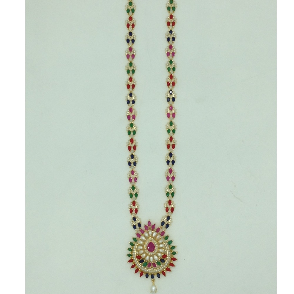 Multicolour cz and white pearls long haar set jnc0140