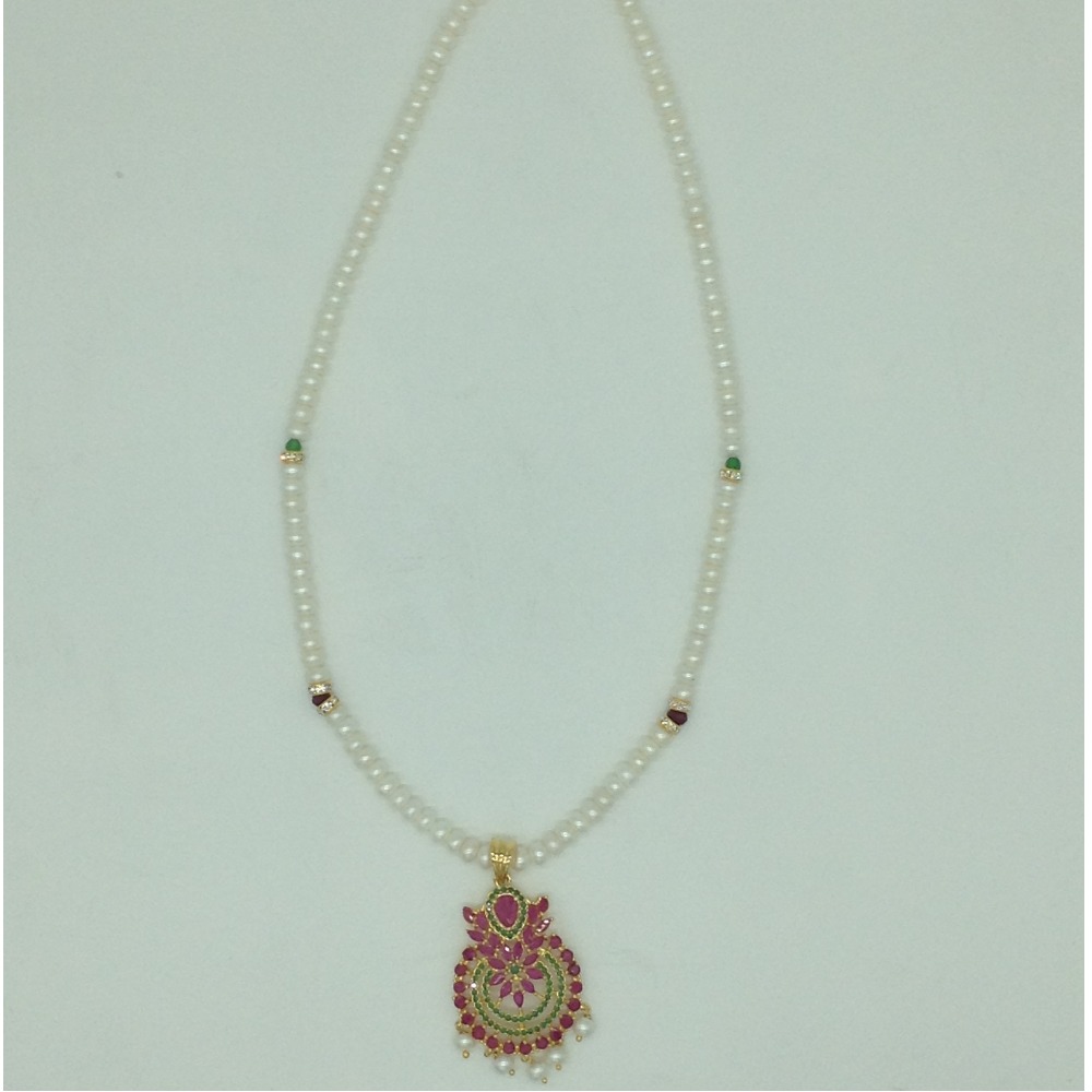 Red,Green Cz Pendent Set With 1 Line White Pearls Mala JPS0839