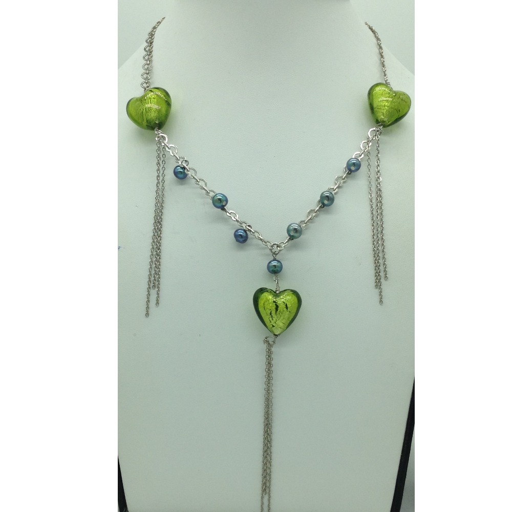 Freshwater grey pearls and green heart silver chain jnc0087