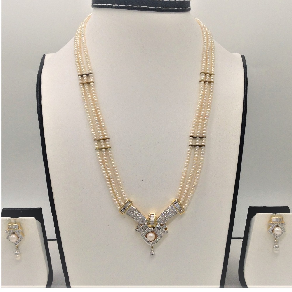 White cz pendent set with 3 line flat pearls mala jps0333