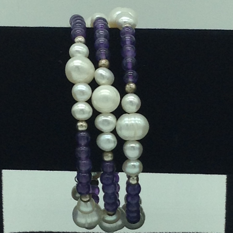 White Potato Pearls And Amethyst With White Jaco Balls Spiral Bracelet JBG0149