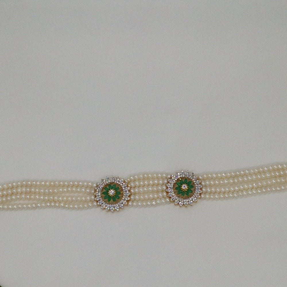 White And Green CZ Choker Set With 5 Line Flat Pearls Mala JPS0521
