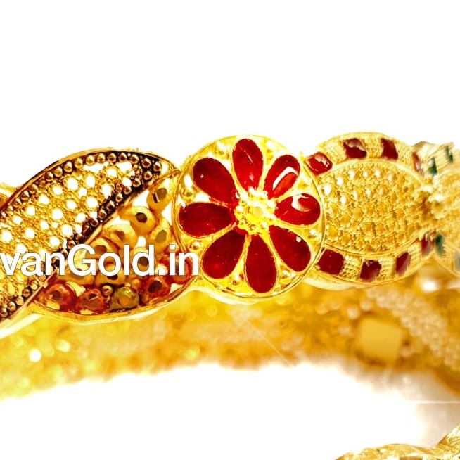 22k Gold Kalkatti Meenakari Flower Shape Kada Bangles MGA - GP068