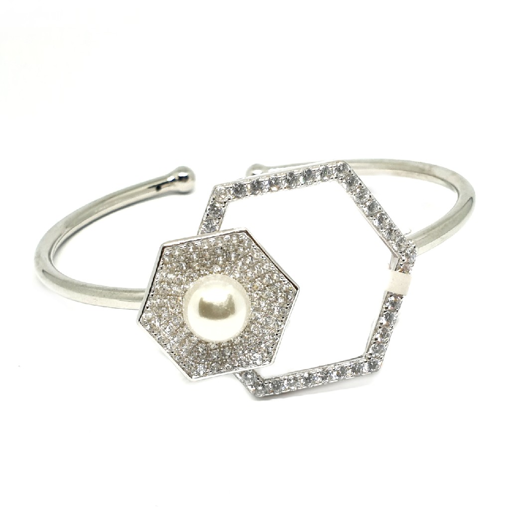 925 sterling silver pearl hexagon shaped kada bracelet mga - brs0245