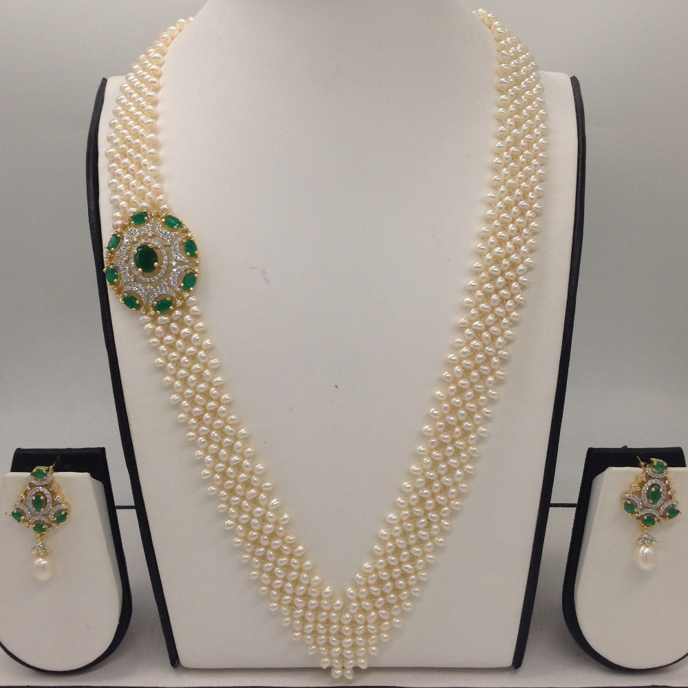 White And Green CZ Broach Set With Seed "V" Jali Pearls Mala JPS0369