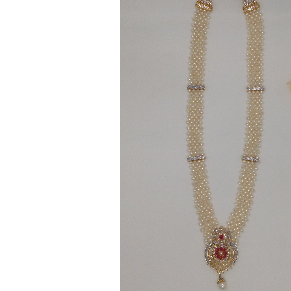 White and red cz rani haar set with seed jali pearls mala jps0374