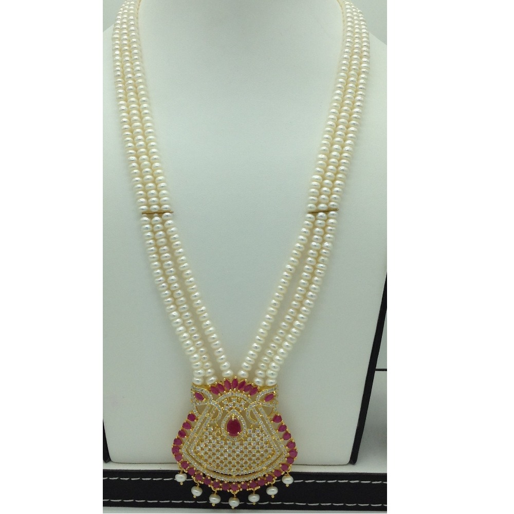 Red,white cz pendent set with flat pearls mala jps0598