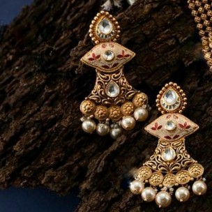 916 Gold antique Bridle Bikaneri mina long Necklace set for ladies