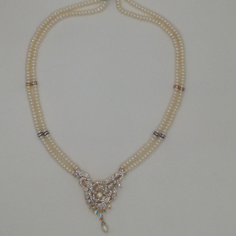 White cz pendent set with 2 line flat pearls jps0339