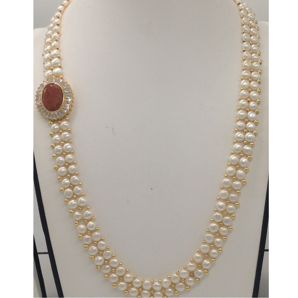 White CZ And Sandstone Broach Set With 2 Line Button Jali Pearls Mala JPS0222