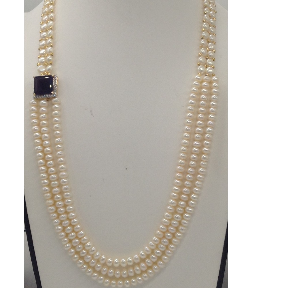 White And Purple CZ Broach Set With 2 Line Button Jali And 3 Line Flat Pearls Mala JPS0268