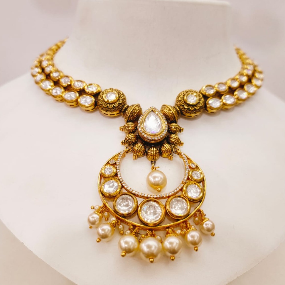 Moon style pendent with choker kundan with white hanging moti set 1463