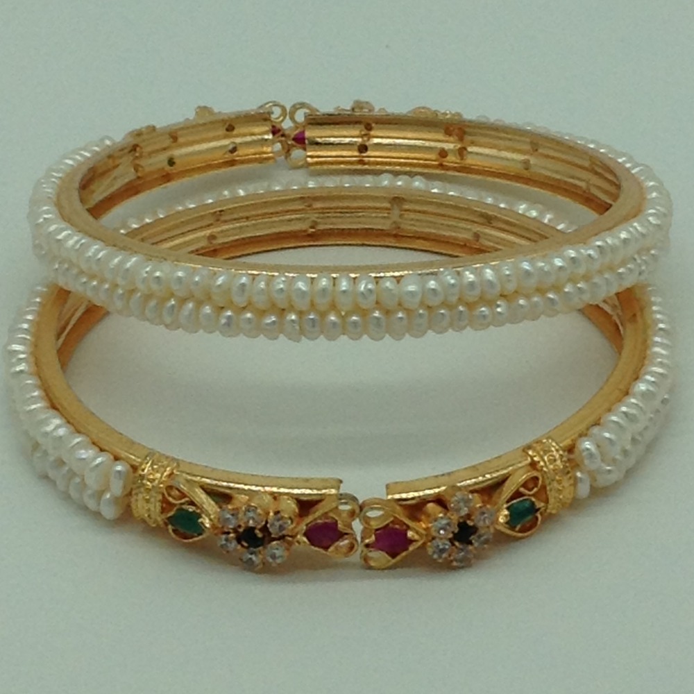 Pearls and Tri Colour CZ Stones 2 Layers Bangles JBG0084