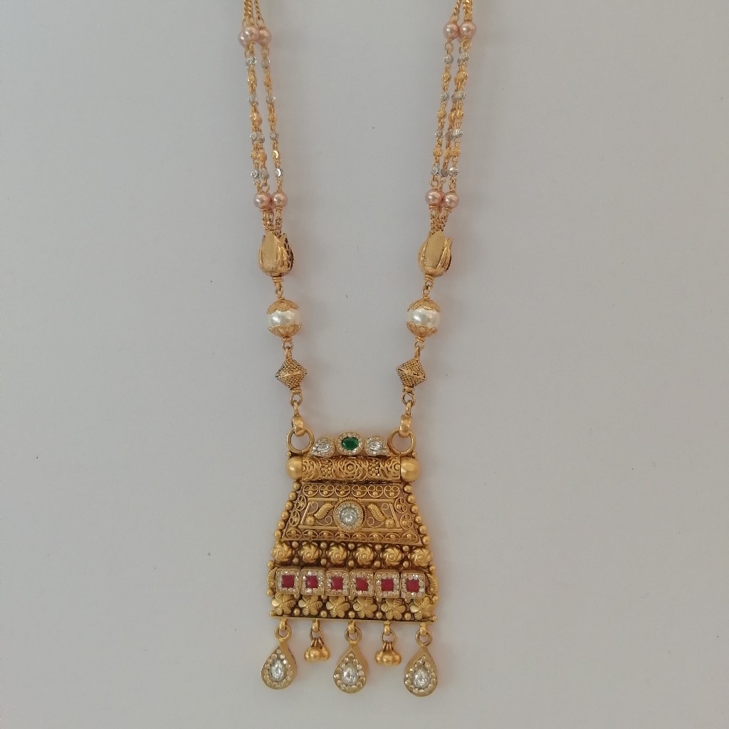 916 gold fancy antique jadtar pink and green stone short mangalsutra