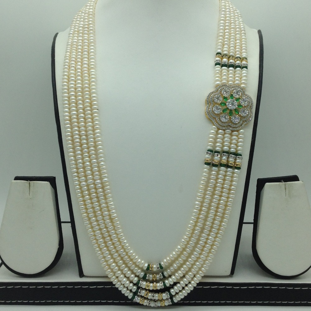 White,green cz broach set with 5 line pearls mala jps0785