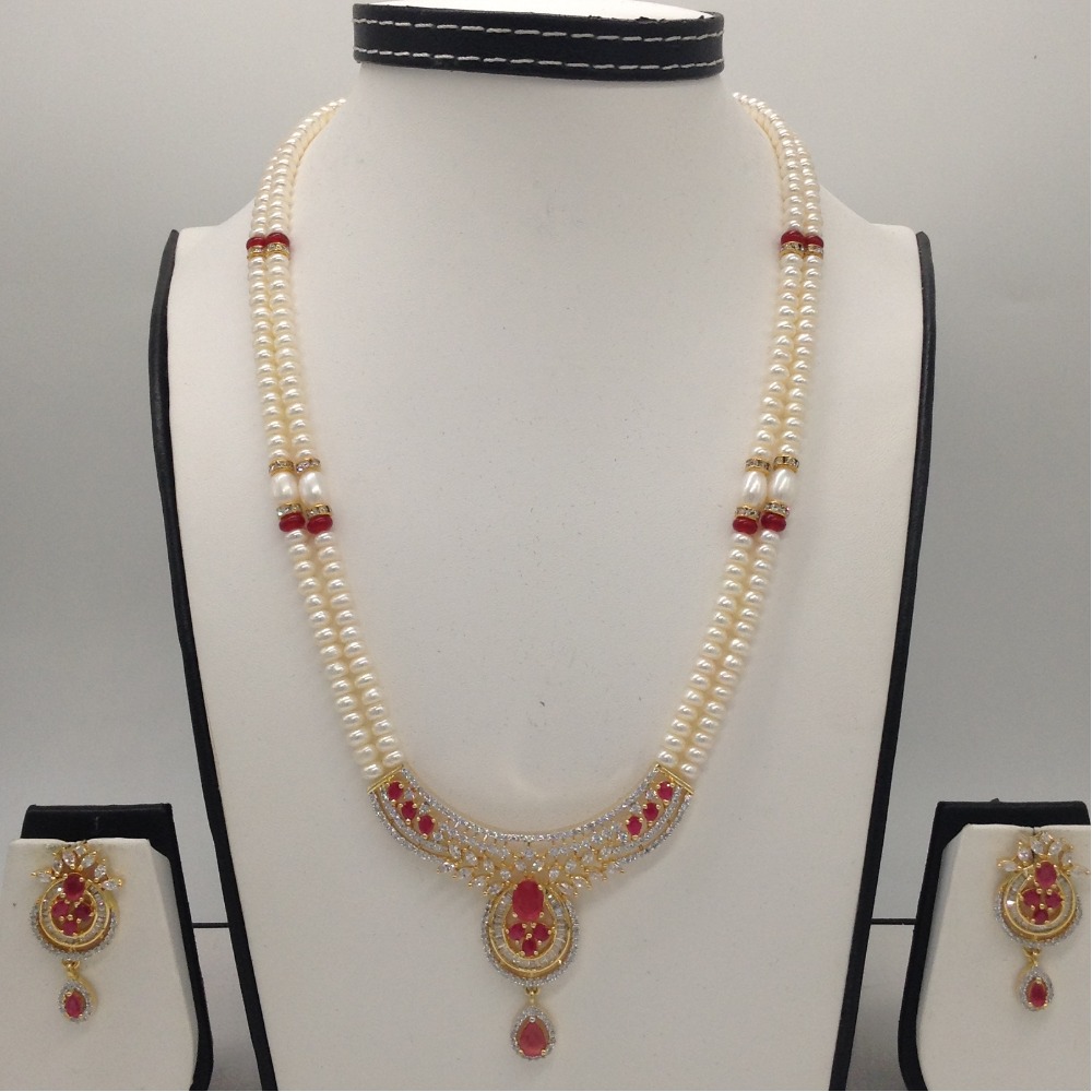 White;red cz pendent set with 2 line flat pearls jps0307