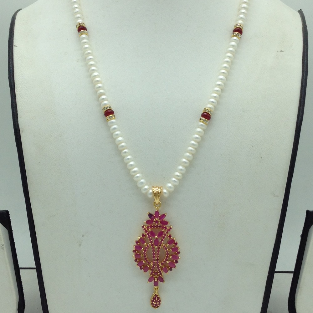 Red Cz Pendent Set With 1 Line White Pearls Mala JPS0825