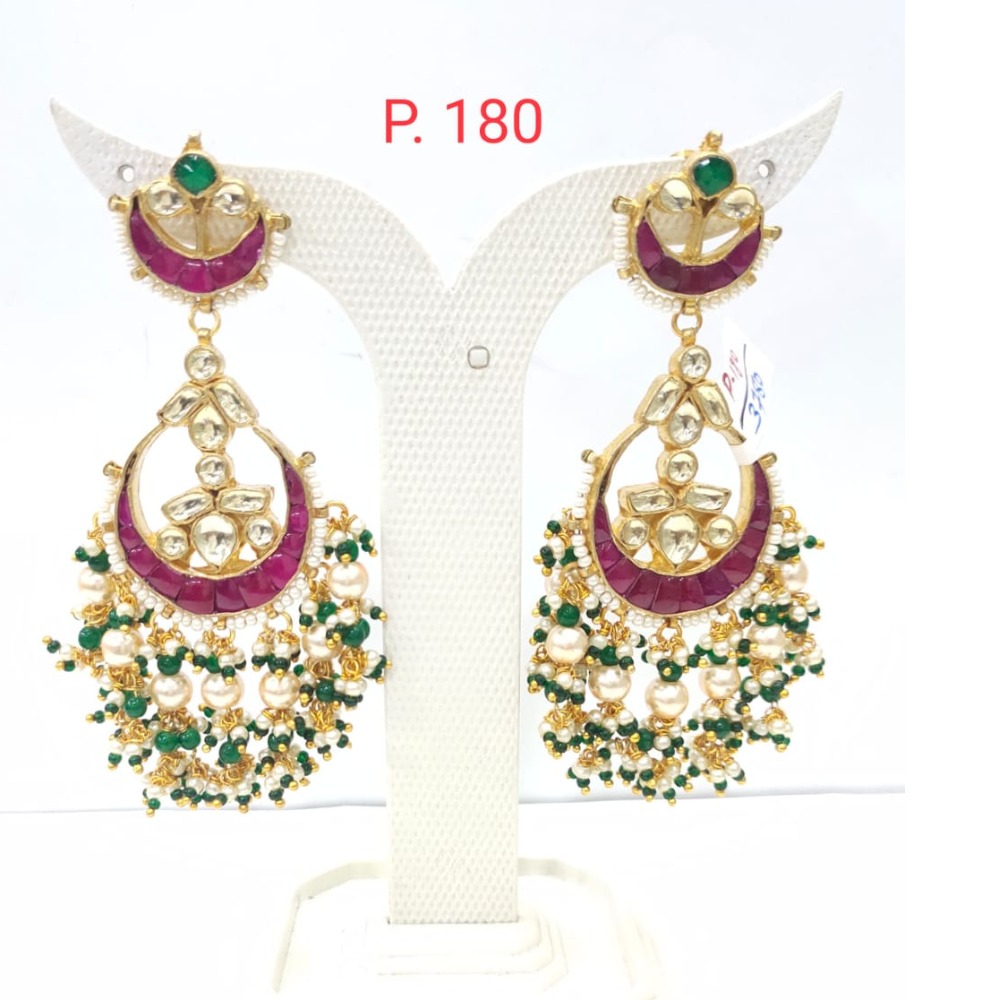 Wedding Gold plated pink stone kundan with hanging pearl earring 1542
