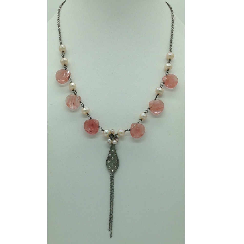 Freshwater orange pearls and Rose quartz silver chain jnc0067