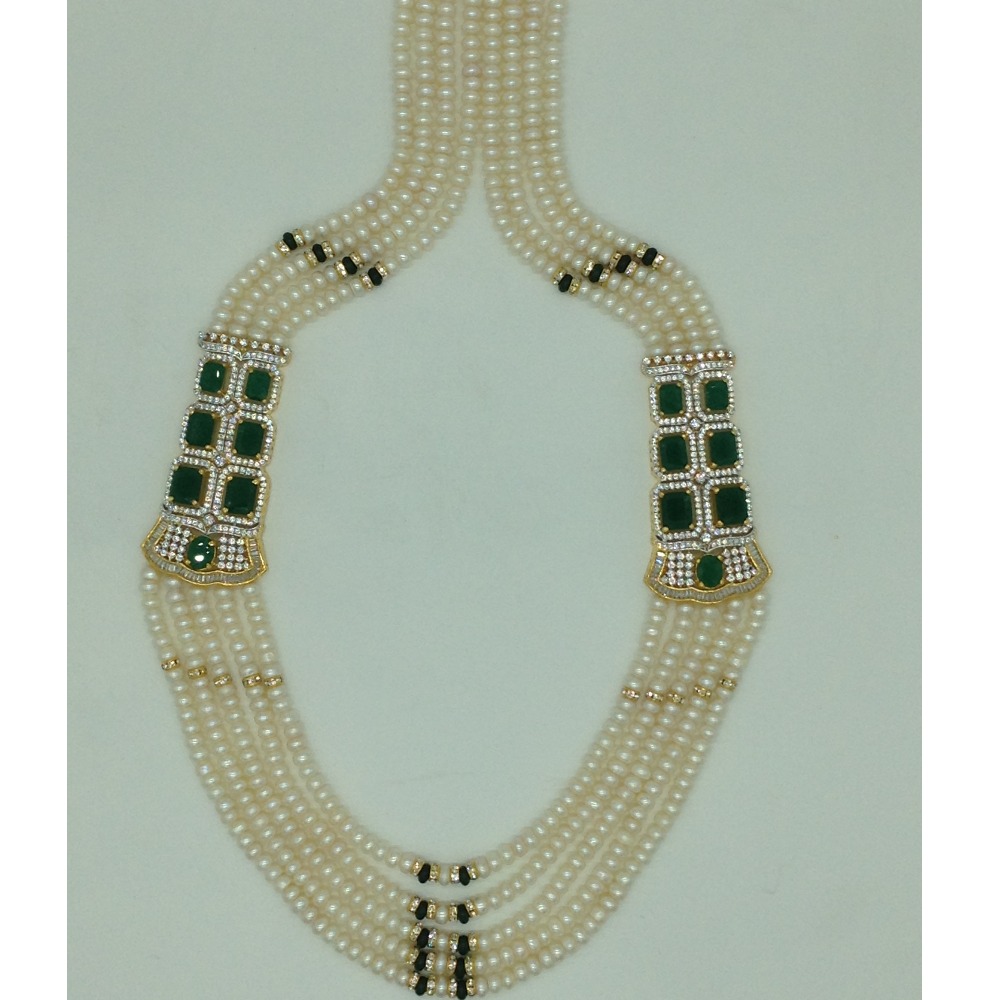 White,Green CZ Broach Set With 5 Line Pearls Mala JPS0769