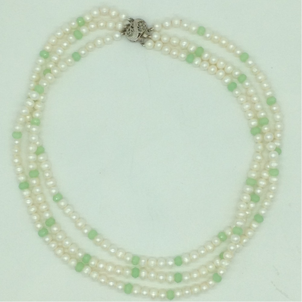 White potato pearls with green stones 3 layers necklace jpm0458