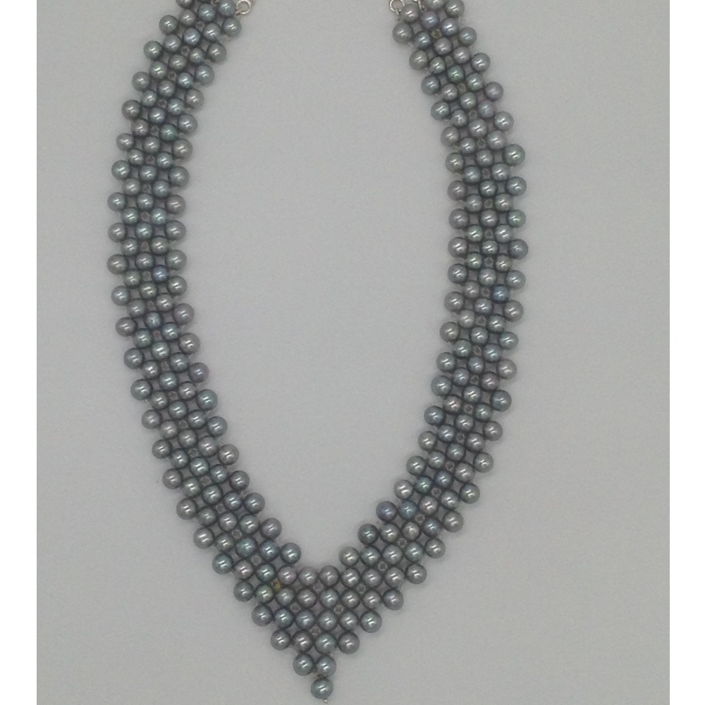 Freshwater grey round pearls "v" jaali necklace set jpp1030
