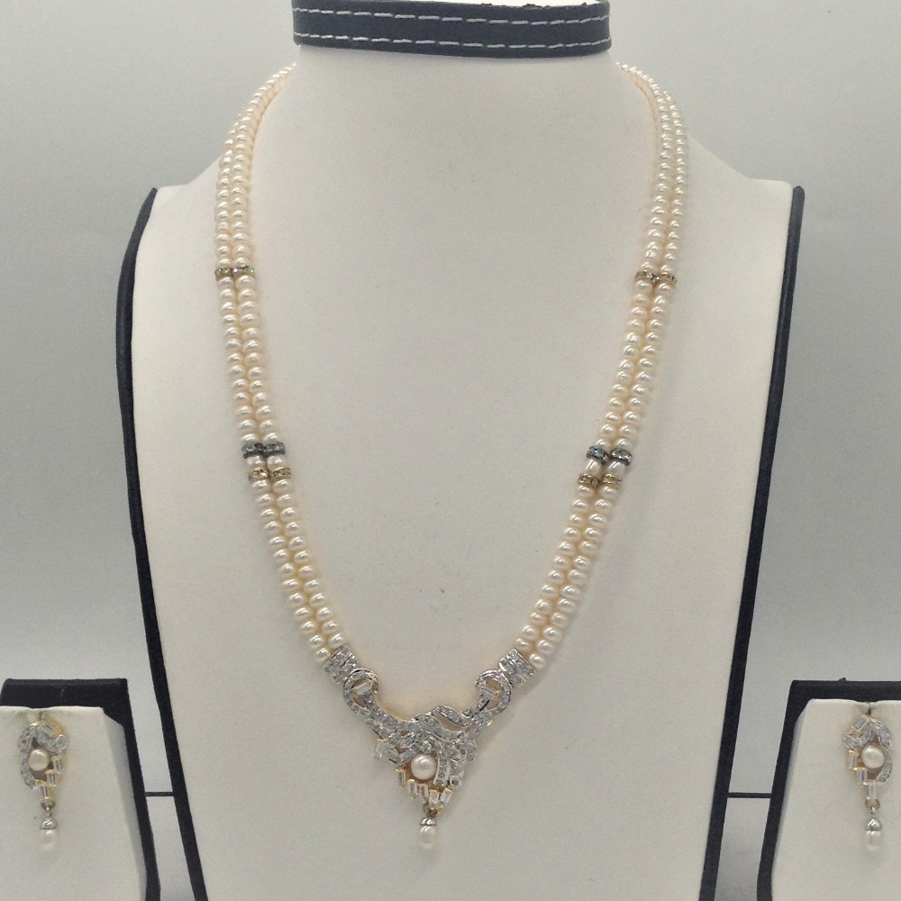White cz pendent set with 2 line flat pearls mala jps0322
