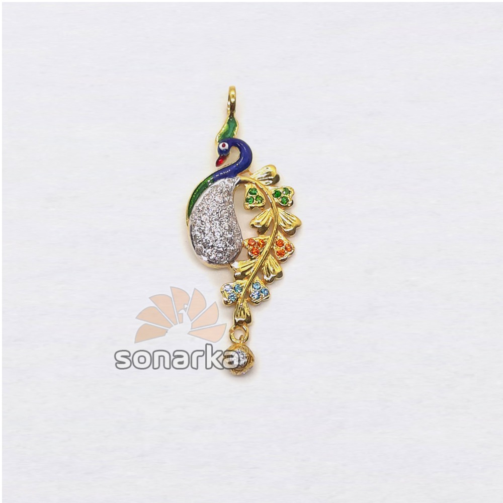 22KT Gold Colourful Peacock Shaped CZ Diamond Pendant