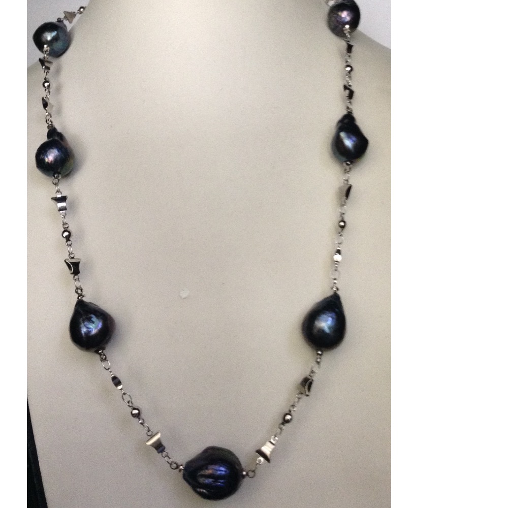 Freshwater black baroque pearls white alloy chain mala JPM0222
