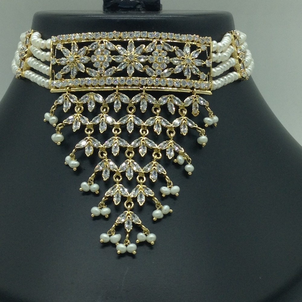 White CZ Choker Set With 4 Line Pearls Mala JPS0775
