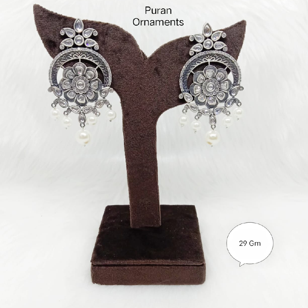 Pure silver designer hanging earring studded with real kundan
