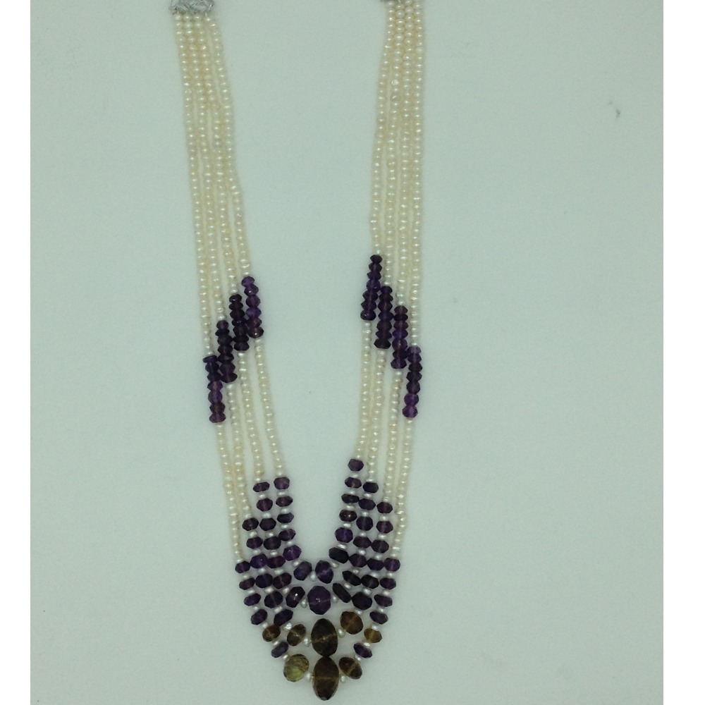 white pearls with amethyst 4 layers necklace jpm0379