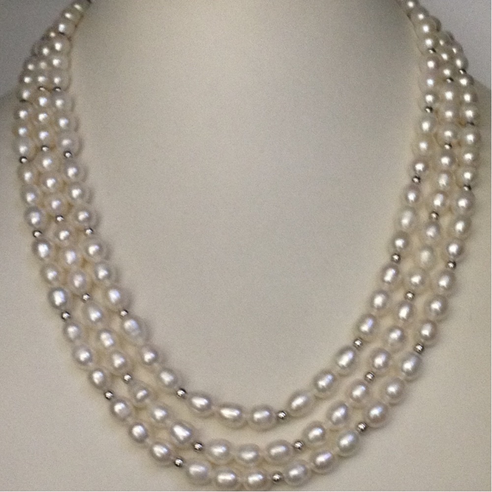 white oval pearls 3 layers necklace with white balls JPM0281