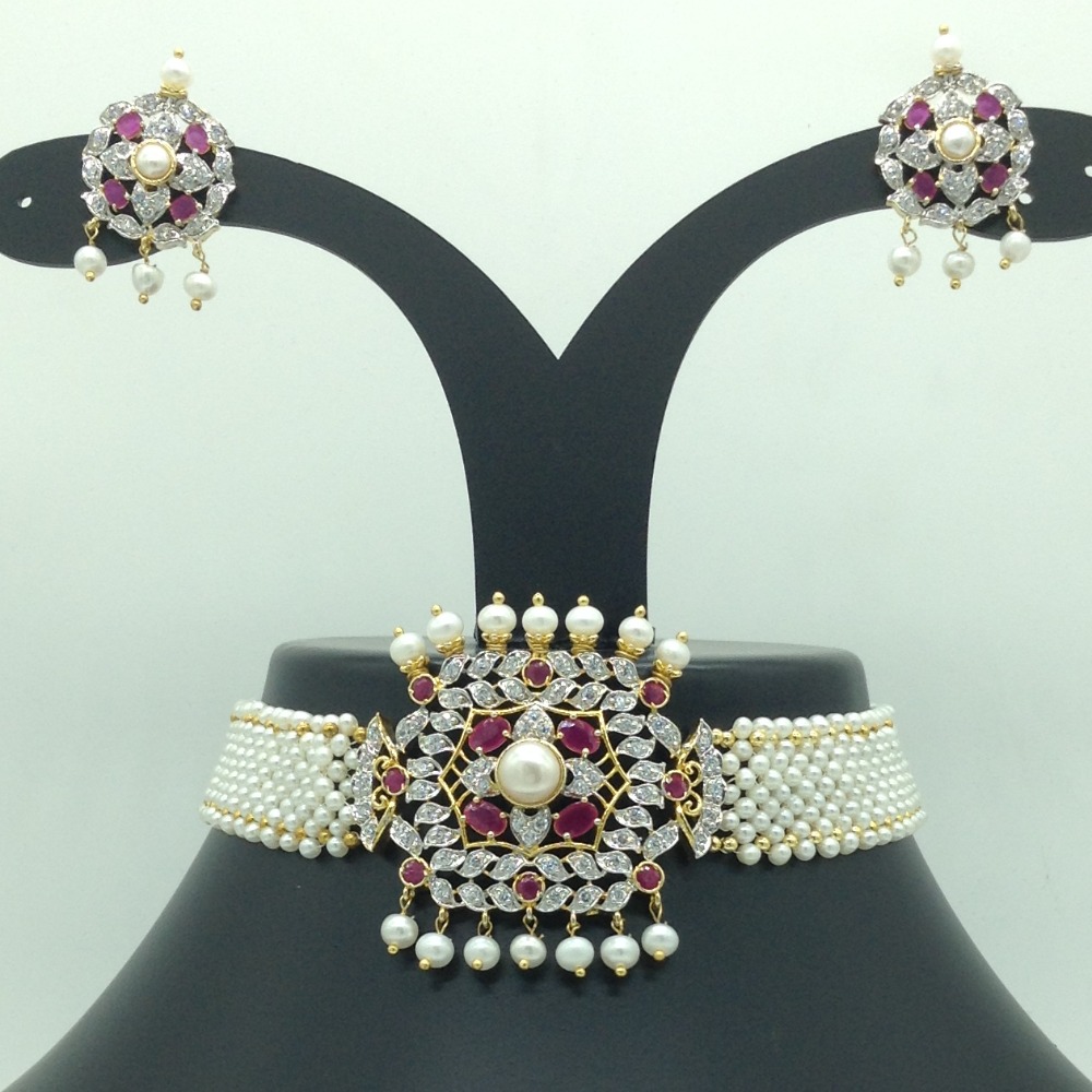 White, Red CZ and Pearls Choker Set With Seed Pearls Mala JPS0625