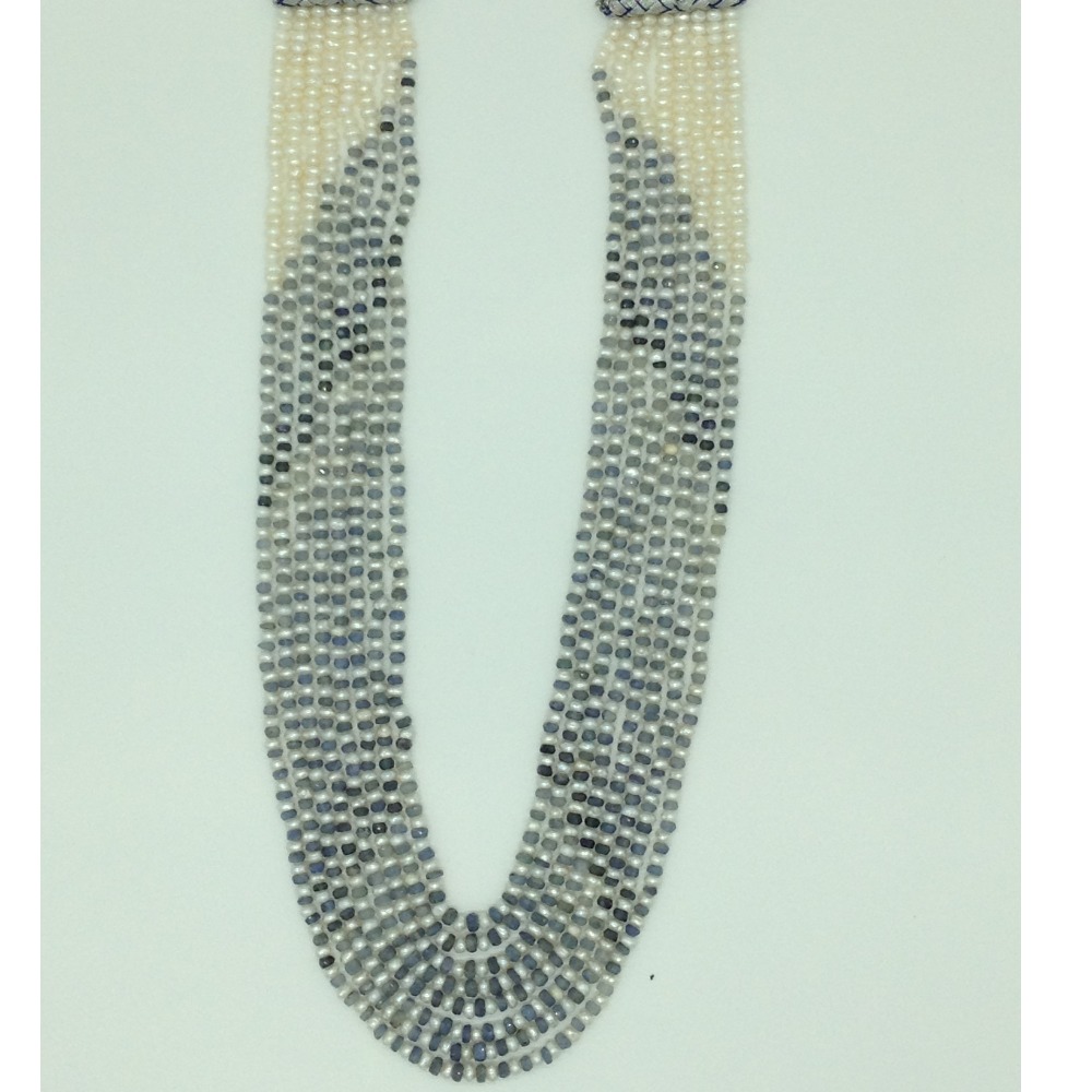 White Flat Pearls with Blue Sapphires Beeds Necklace JPM0485