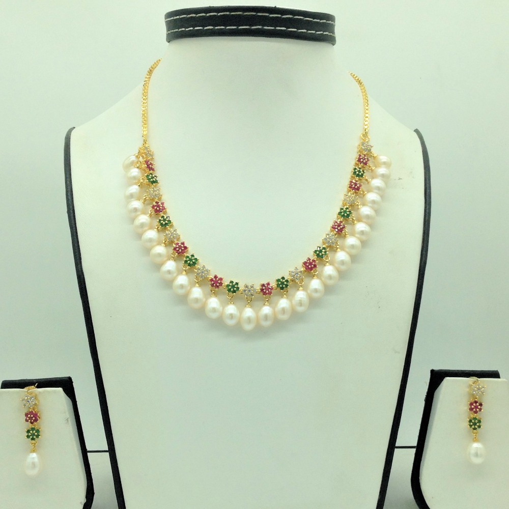 Multicolour cz stones and freshwater drop pearls necklace set jnc0143