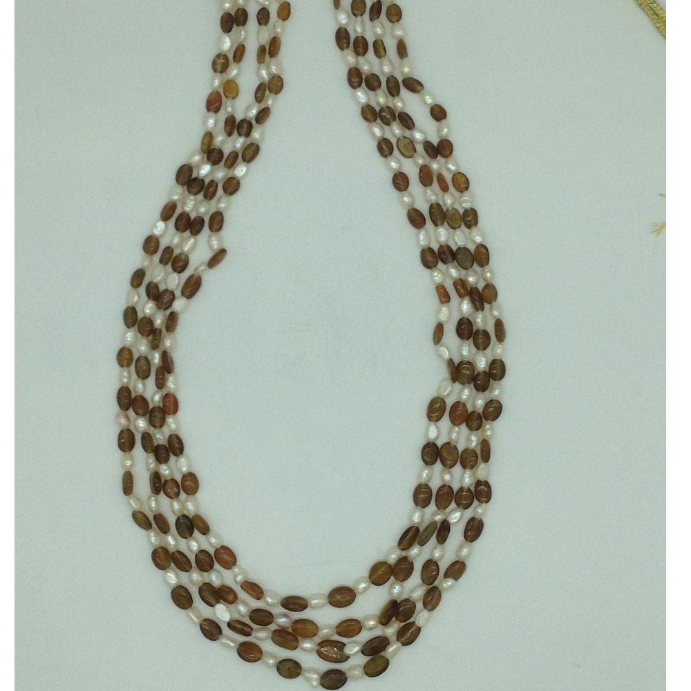 White Oval Pearls with Brown Oval Beeds 4 Layers Mala JPM0514