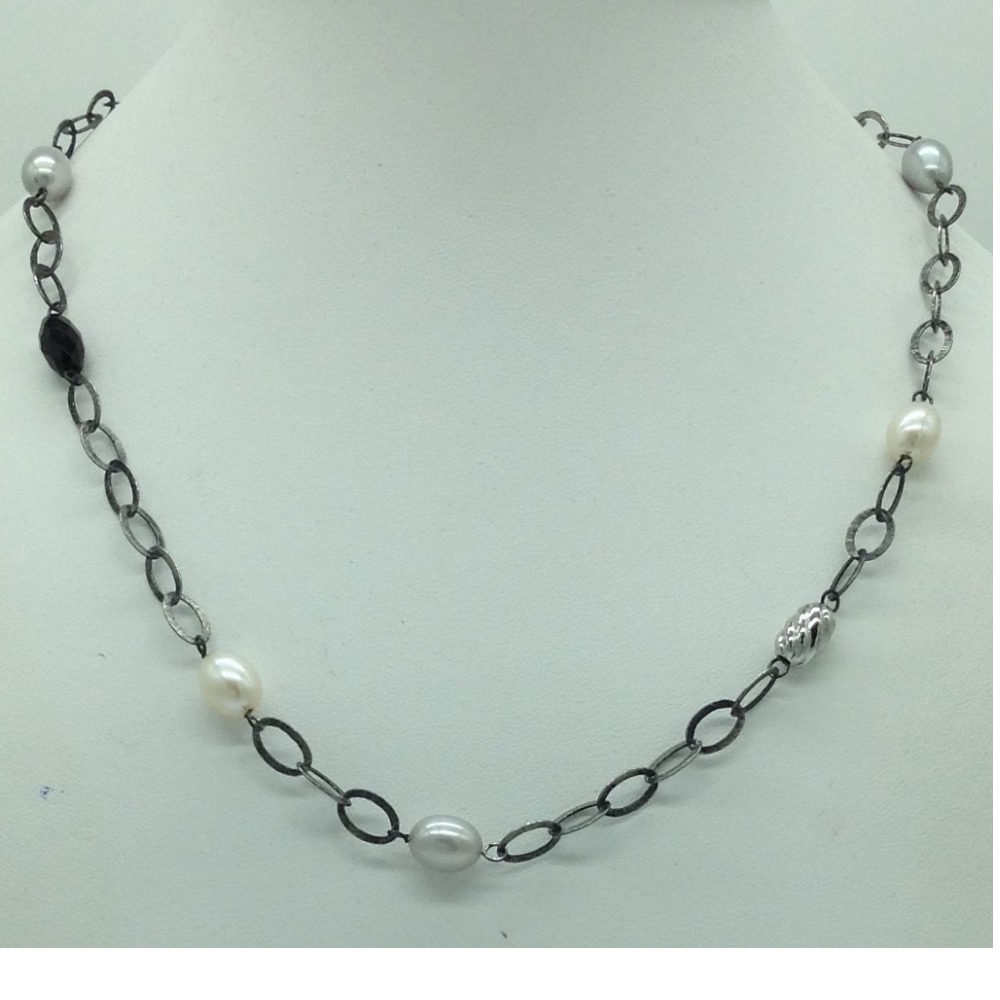 Freshwater white pearls and black semi silver necklace set jnc0069