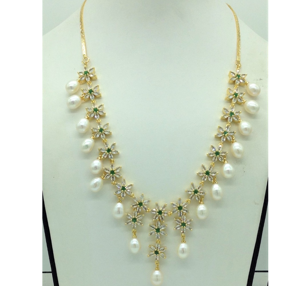 White, green cz stones and tear drop pearls necklace set jnc0147