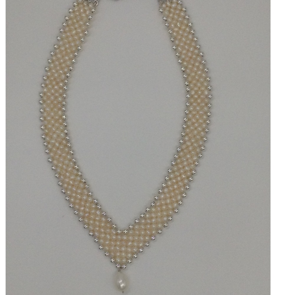 Freshwater white seed pearls "v" jaali necklace set jpp1029